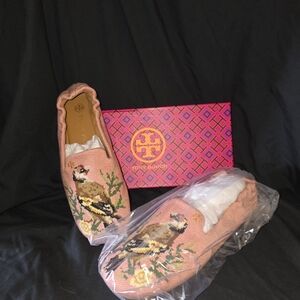 Tory Burch Pink Bird Embroidered Loafers